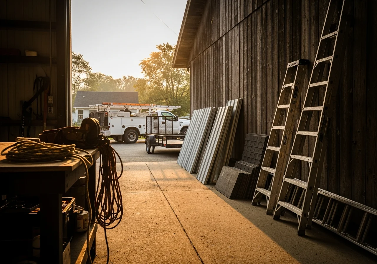 Roofing crew with tools and equipment ready for residential or commercial job site work.