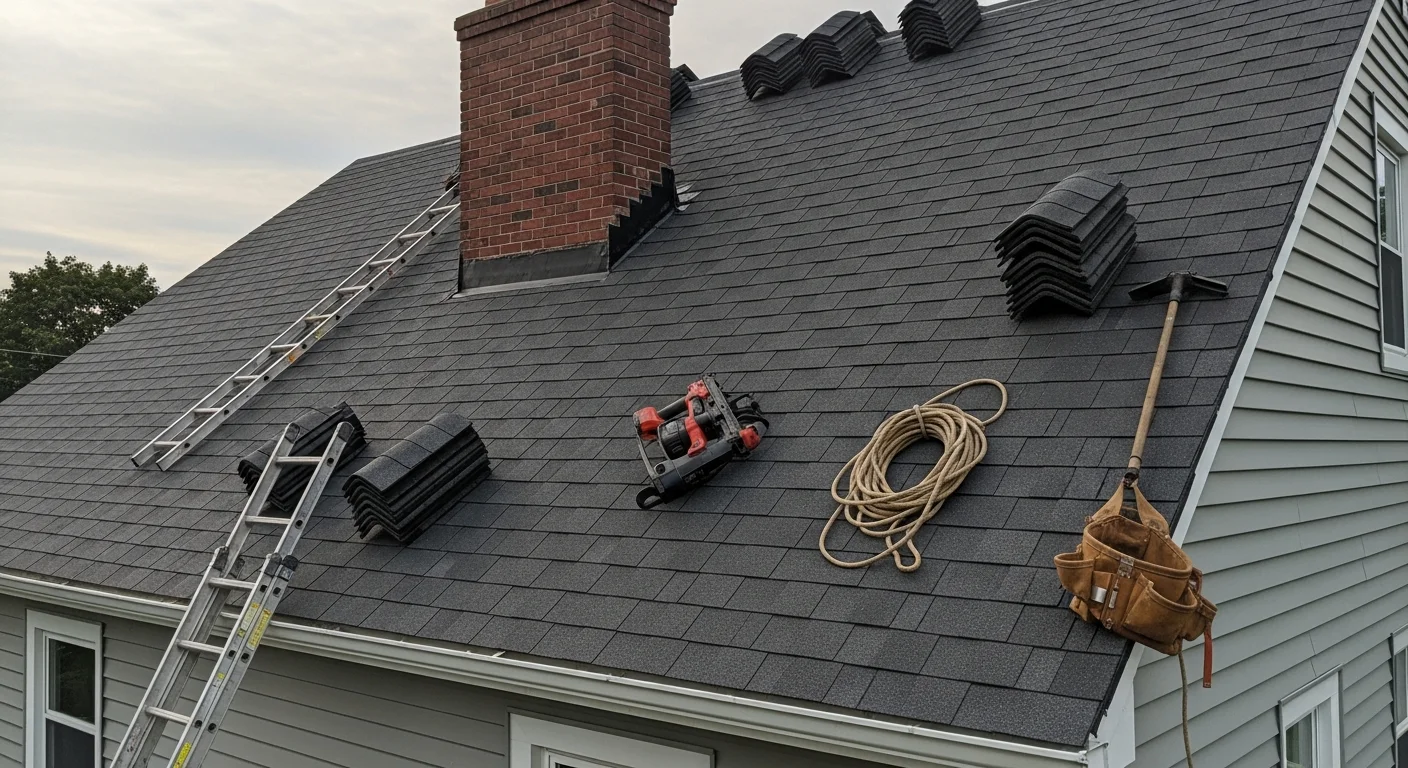 Professional roofer installing shingles on residential home