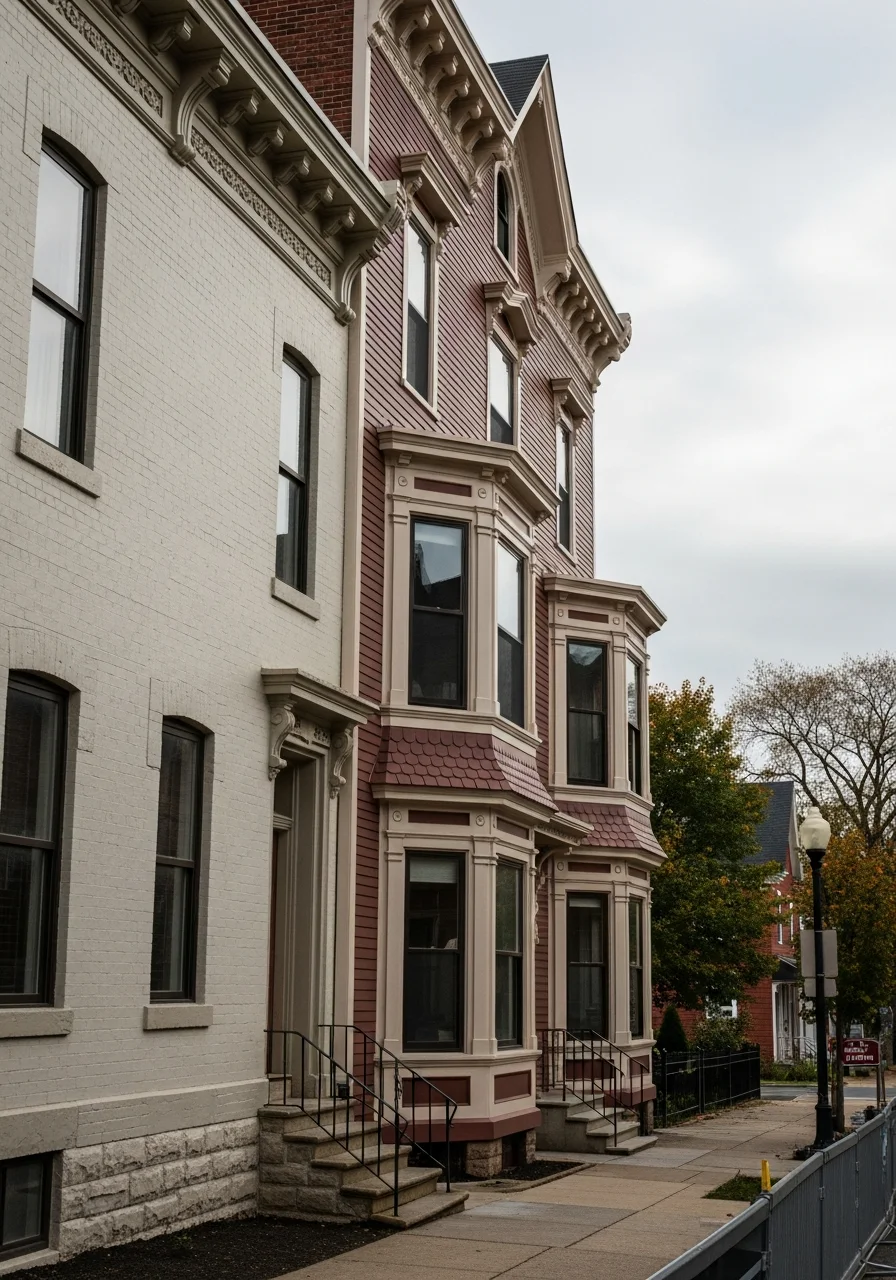 Craftsperson working on detailed exterior restoration of Saratoga Springs property.