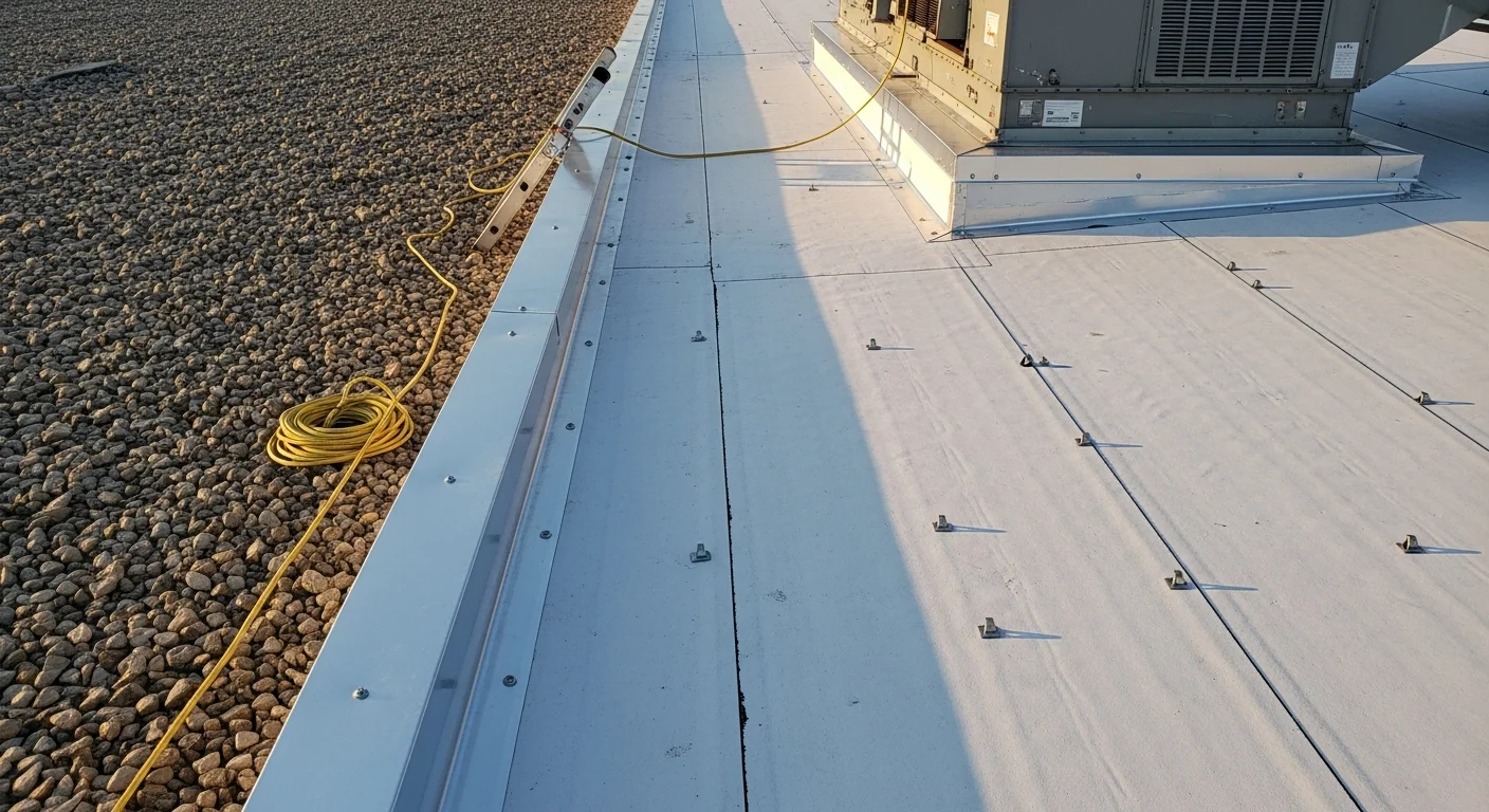 A commercial metal roof on a large warehouse building in Perth, Western Australia, showing newly installed roof sheeting and box gutters under clear blue sky. A roofing contractor in safety gear inspects the ridge line of the completed commercial roof installation.