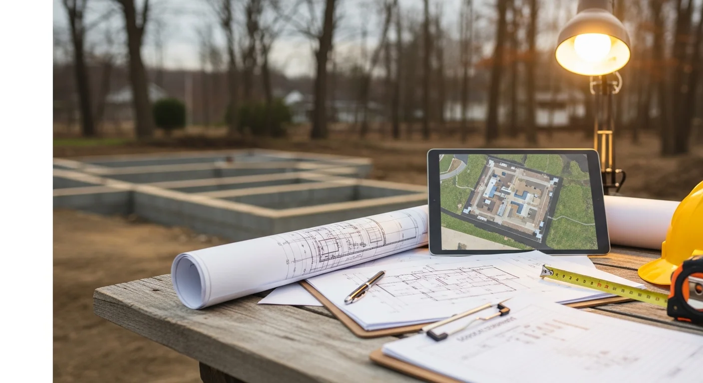 A general contractor reviewing construction plans with a Perth homeowner at a residential build site. Structural framing and a clear Perth sky are visible in the background.